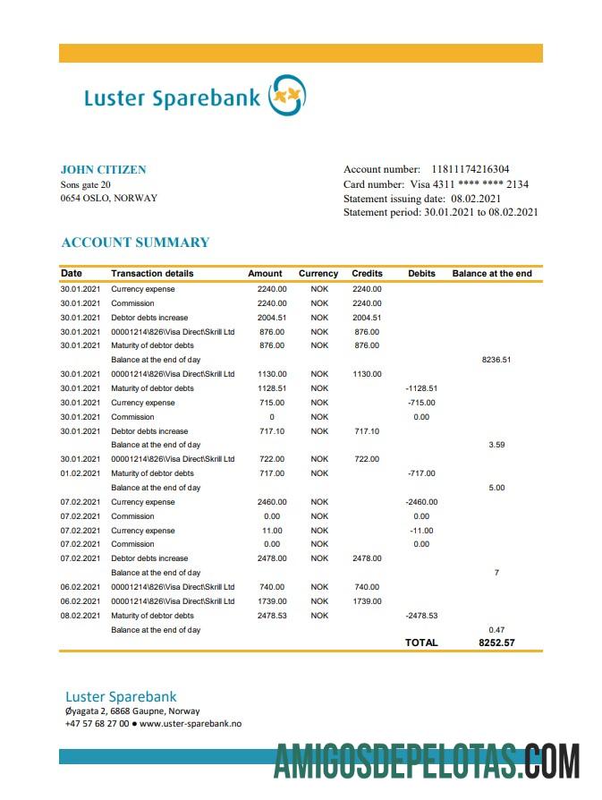Exemplo de PDF do Norway Lustre Sparebank Excel